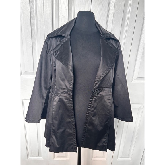 Cato Black Satin Trench Coat 3/4 Sleeve Button Front Jacket Size M Classic - Picture 6 of 12